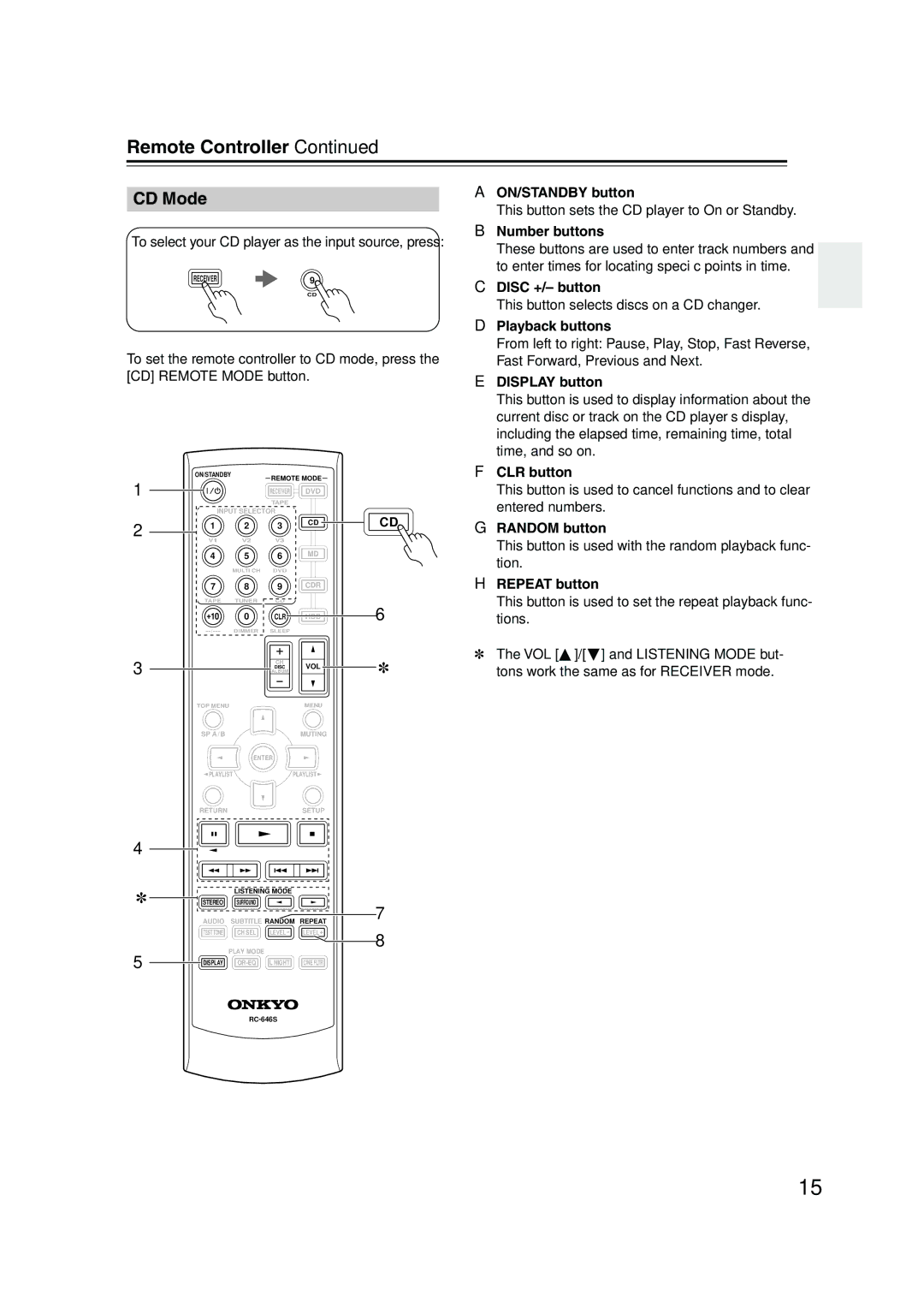 Onkyo HT-S590 instruction manual CD Mode, To select your CD player as the input source, press 