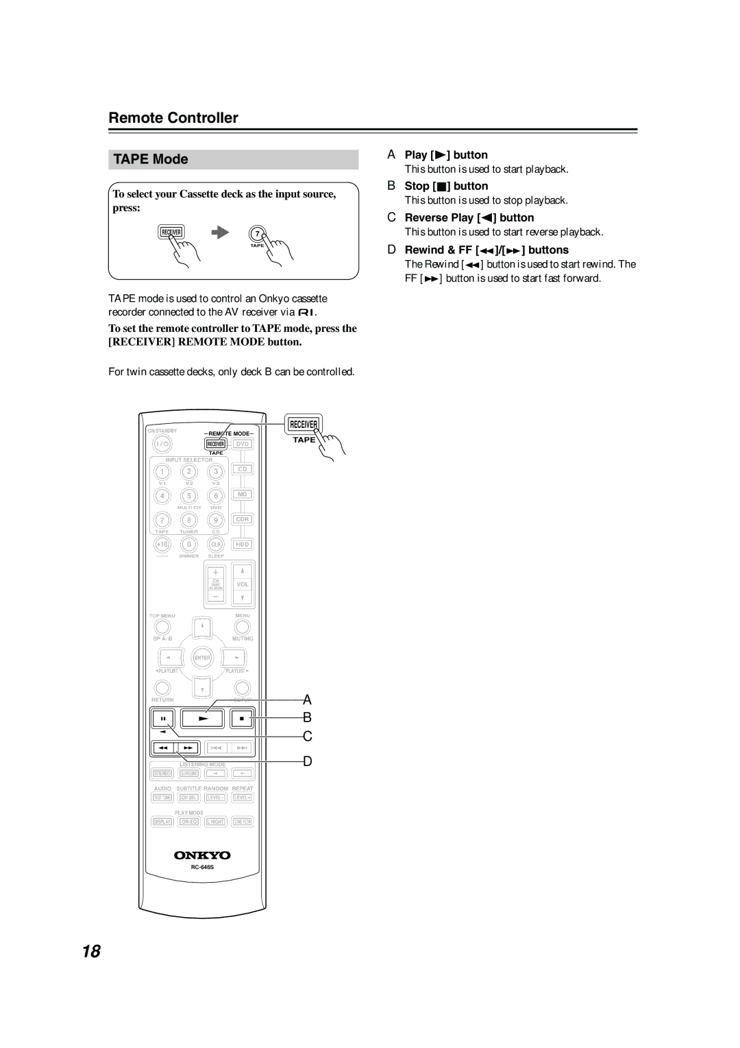 Onkyo HT-S590 instruction manual Tape Mode, Stop button, Reverse Play button, Rewind & FF / buttons 