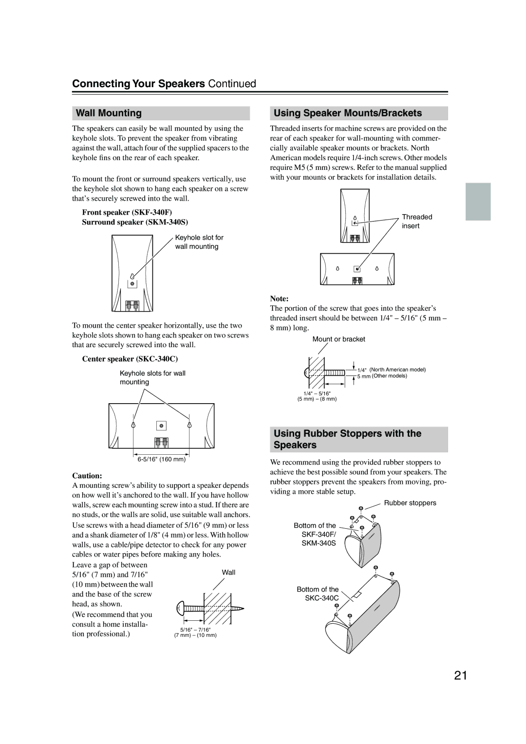 Onkyo HT-S590 instruction manual Connecting Your Speakers, Wall Mounting, Using Speaker Mounts/Brackets 