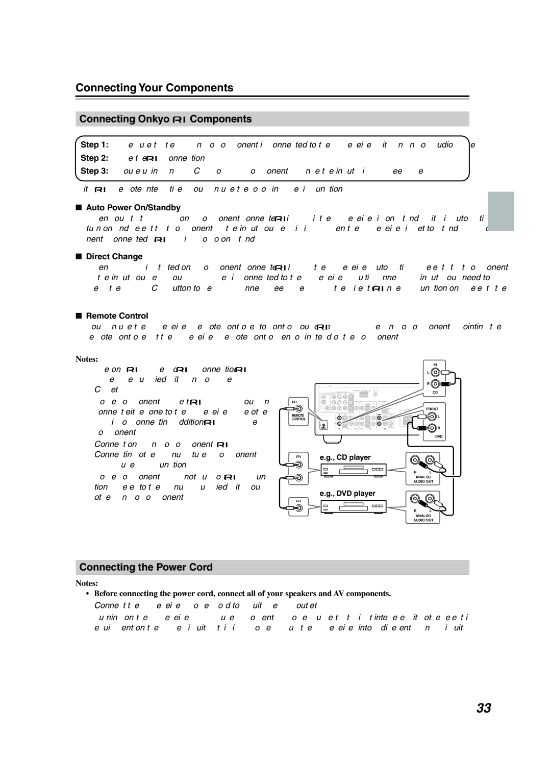 Onkyo HT-S590 Connecting Onkyo Components, Connecting the Power Cord, Auto Power On/Standby, Direct Change, Remote Control 