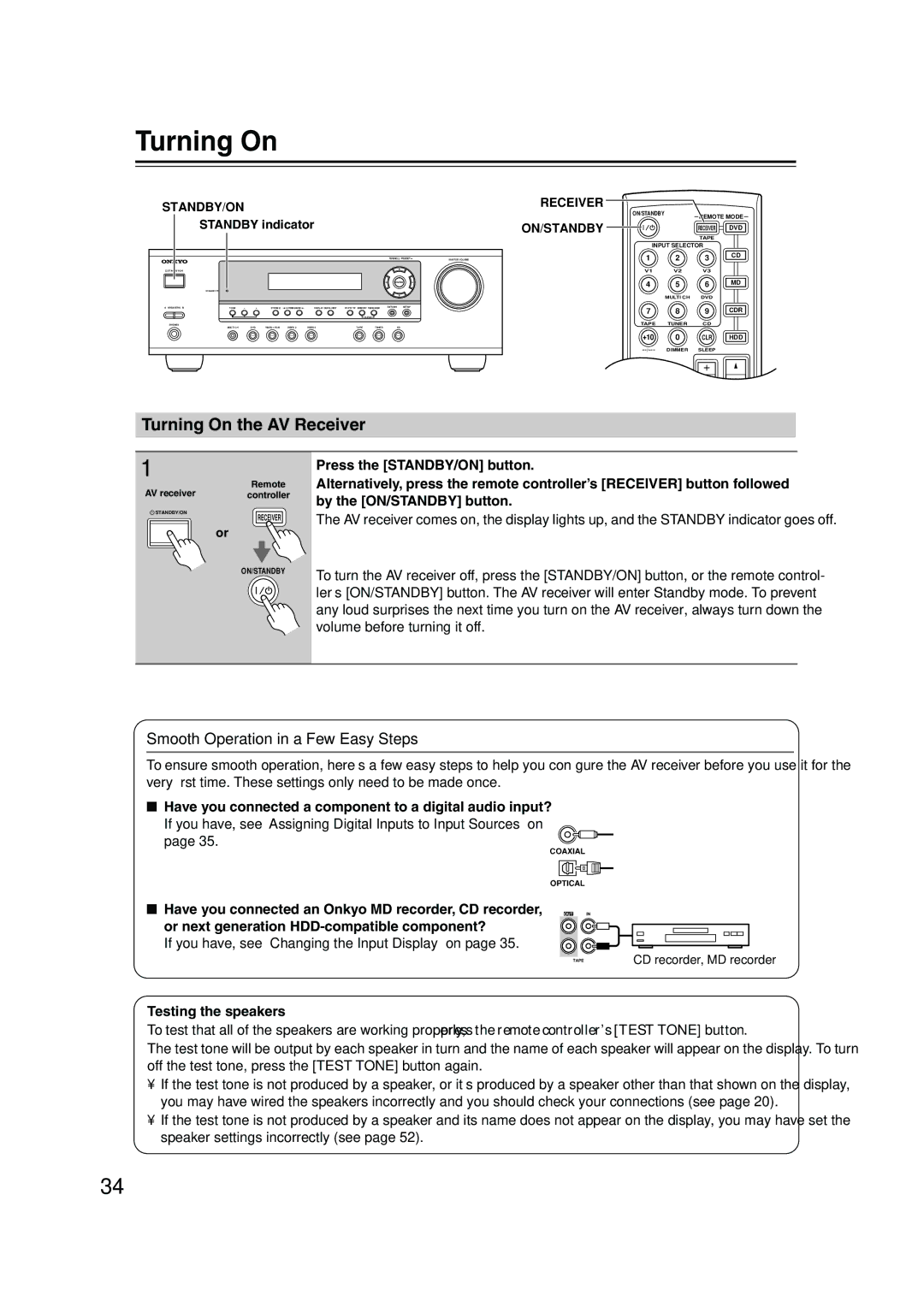 Onkyo HT-S590 instruction manual Turning On the AV Receiver, Smooth Operation in a Few Easy Steps, Testing the speakers 