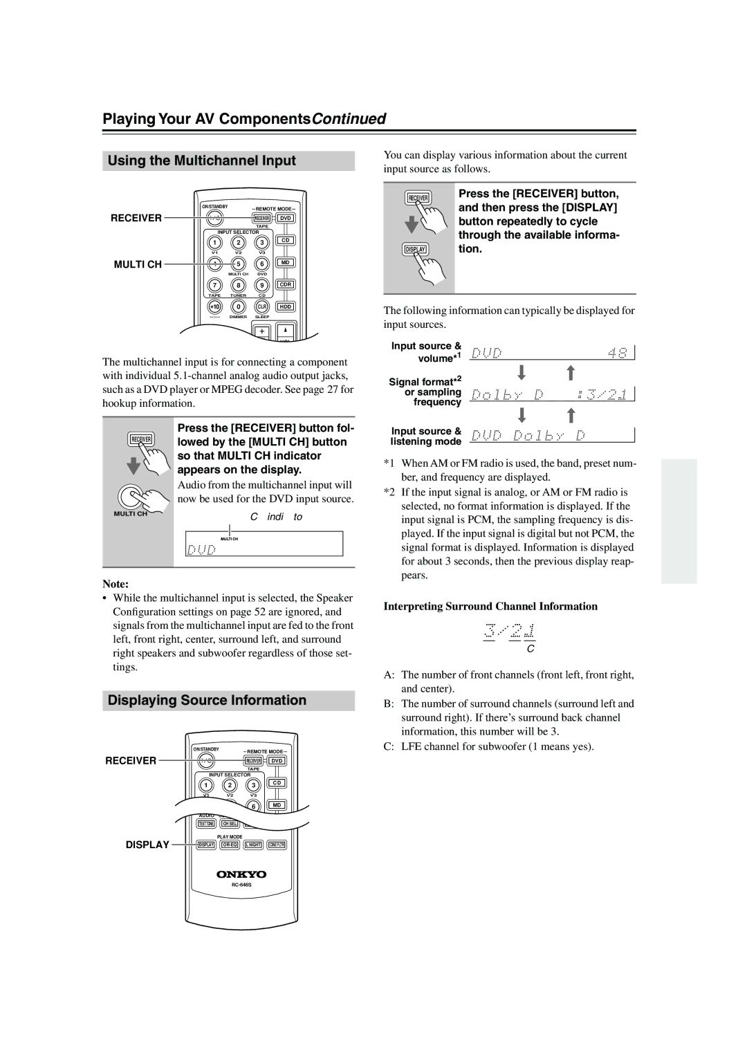 Onkyo HT-S590 instruction manual Playing Your AV Components, Using the Multichannel Input, Displaying Source Information 