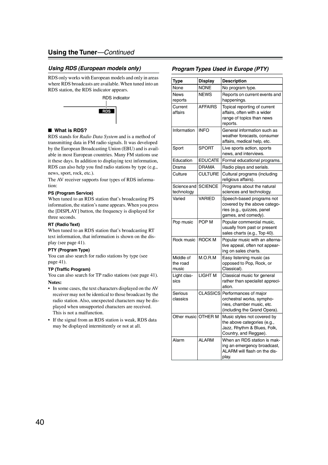 Onkyo HT-S590 instruction manual Using RDS European models only, Program Types Used in Europe PTY, What is RDS? 