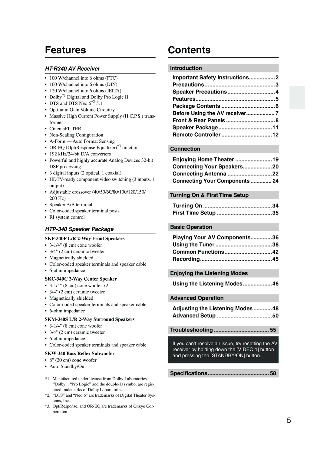 Onkyo HT-S590 instruction manual FeaturesContents 