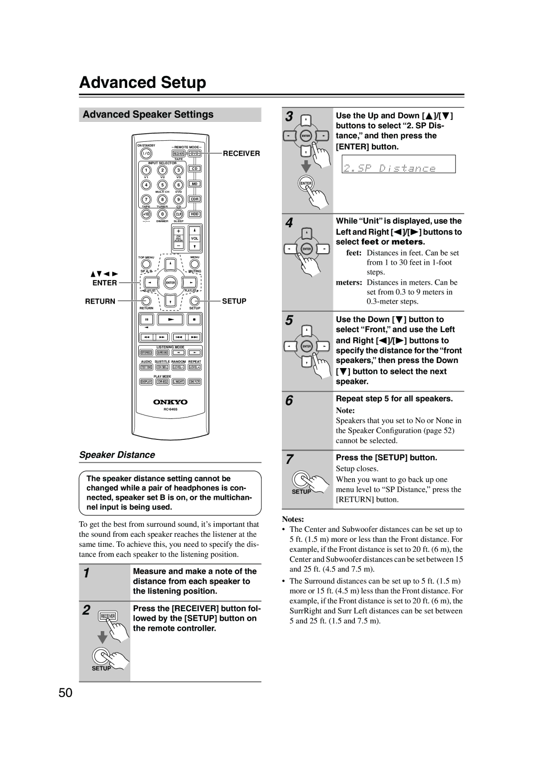 Onkyo HT-S590 instruction manual Advanced Setup, Advanced Speaker Settings, Speaker Distance 