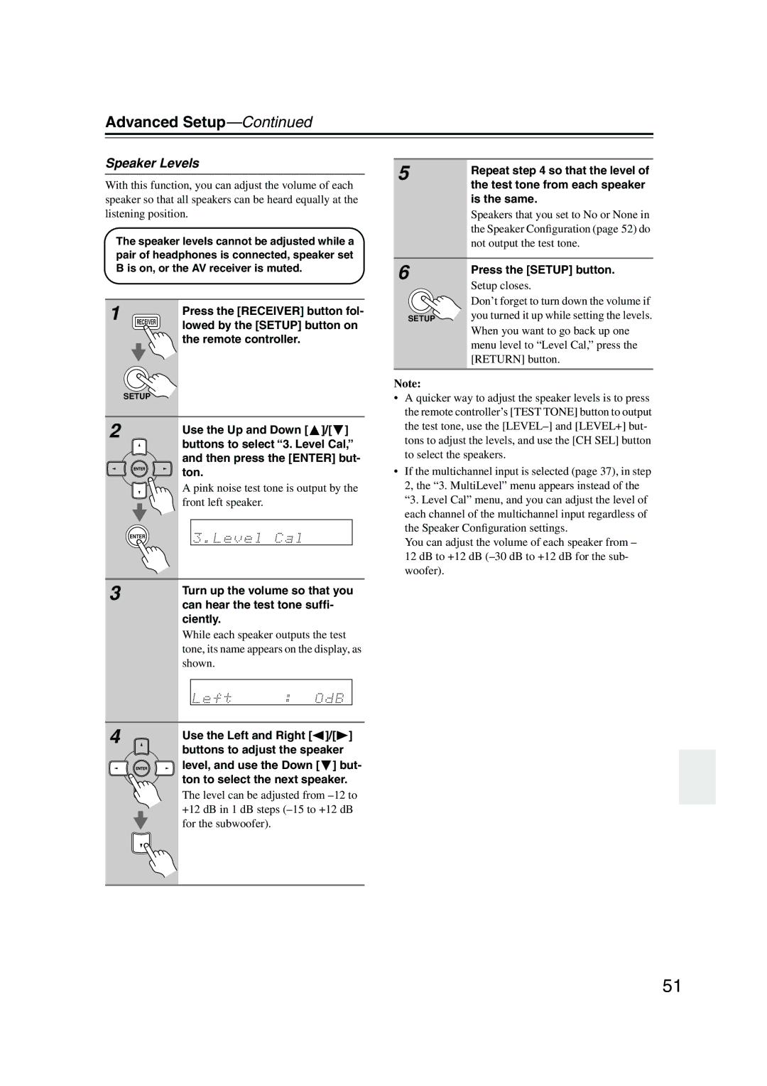 Onkyo HT-S590 instruction manual Advanced Setup, Speaker Levels 