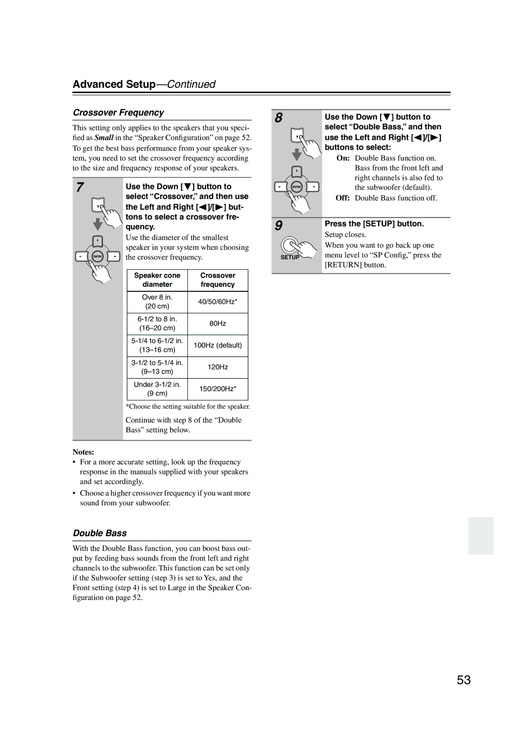 Onkyo HT-S590 Crossover Frequency, Double Bass, Use the Down button to, Use the Left and Right / buttons to select 