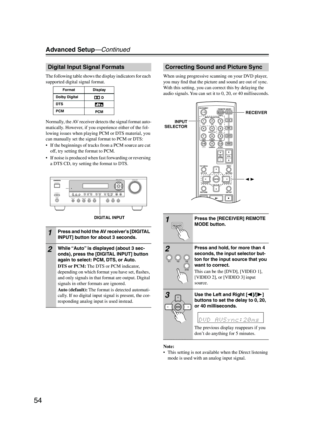 Onkyo HT-S590 instruction manual Digital Input Signal Formats, Correcting Sound and Picture Sync 