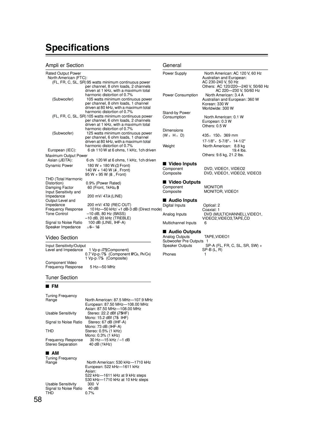 Onkyo HT-S590 instruction manual Speciﬁcations, Ampliﬁer Section, Video Section, Tuner Section, General 