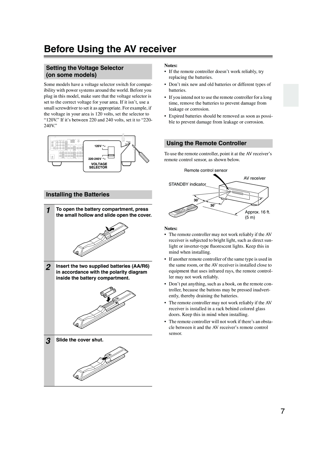 Onkyo HT-S590 Before Using the AV receiver, Setting the Voltage Selector on some models, Installing the Batteries 