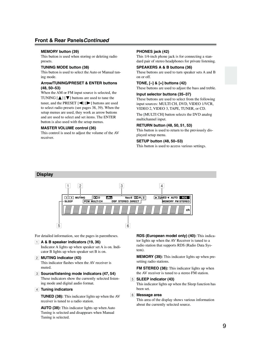 Onkyo HT-S590 instruction manual Front & Rear Panels, Display 