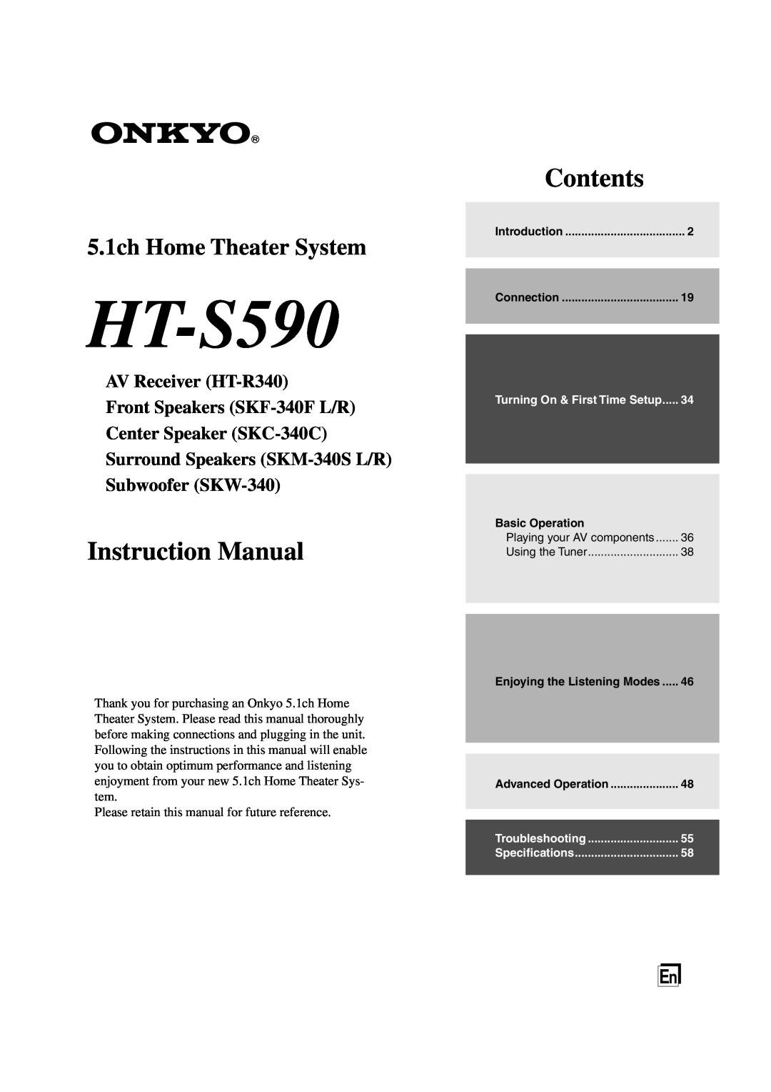 Onkyo HT-S590 instruction manual Contents, 5.1ch Home Theater System, AV Receiver HT-R340 Front Speakers SKF-340FL/R 