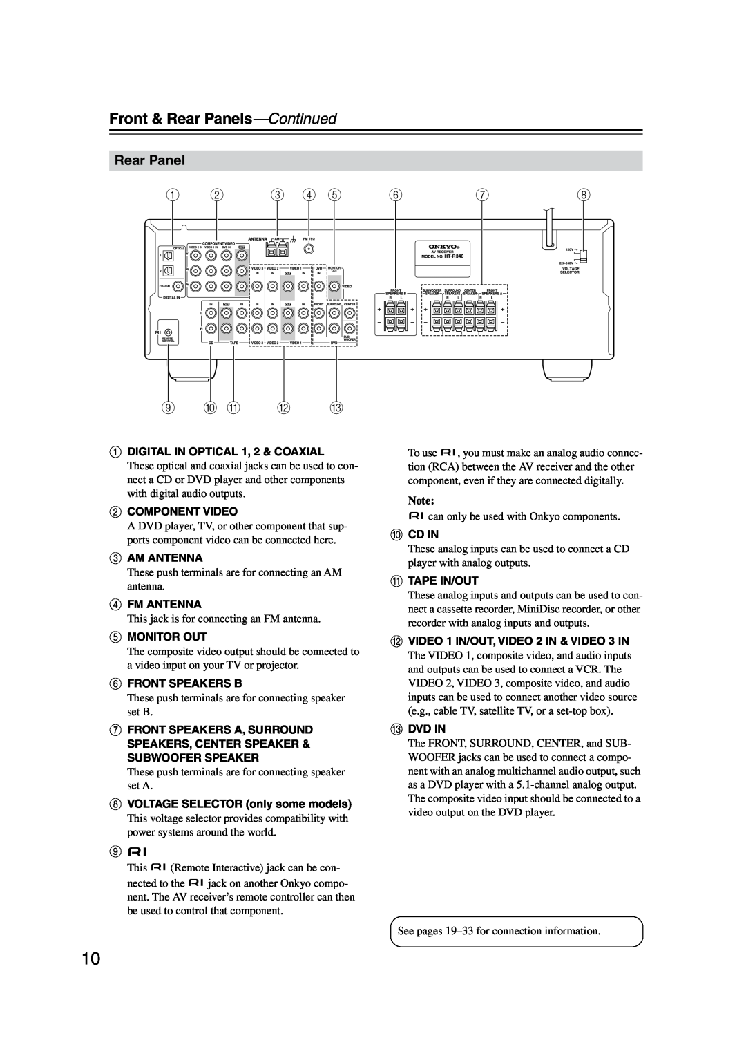 Onkyo HT-S590 instruction manual J K L M, Front & Rear Panels-Continued 