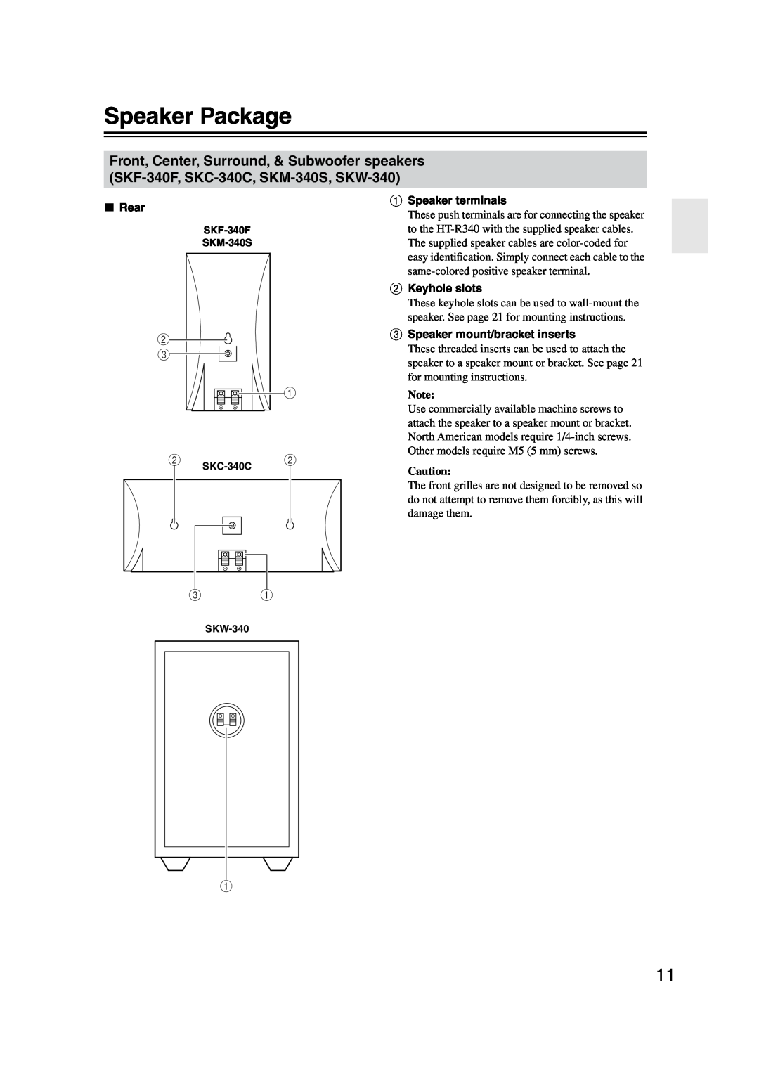 Onkyo HT-S590 instruction manual Speaker Package, Rear, ASpeaker terminals, BKeyhole slots, CSpeaker mount/bracket inserts 