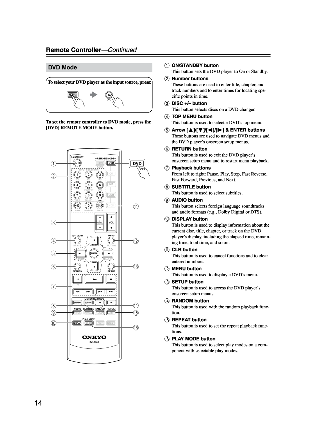 Onkyo HT-S590 instruction manual DVD Mode, 5 6 7 8 9 J, Remote Controller-Continued 