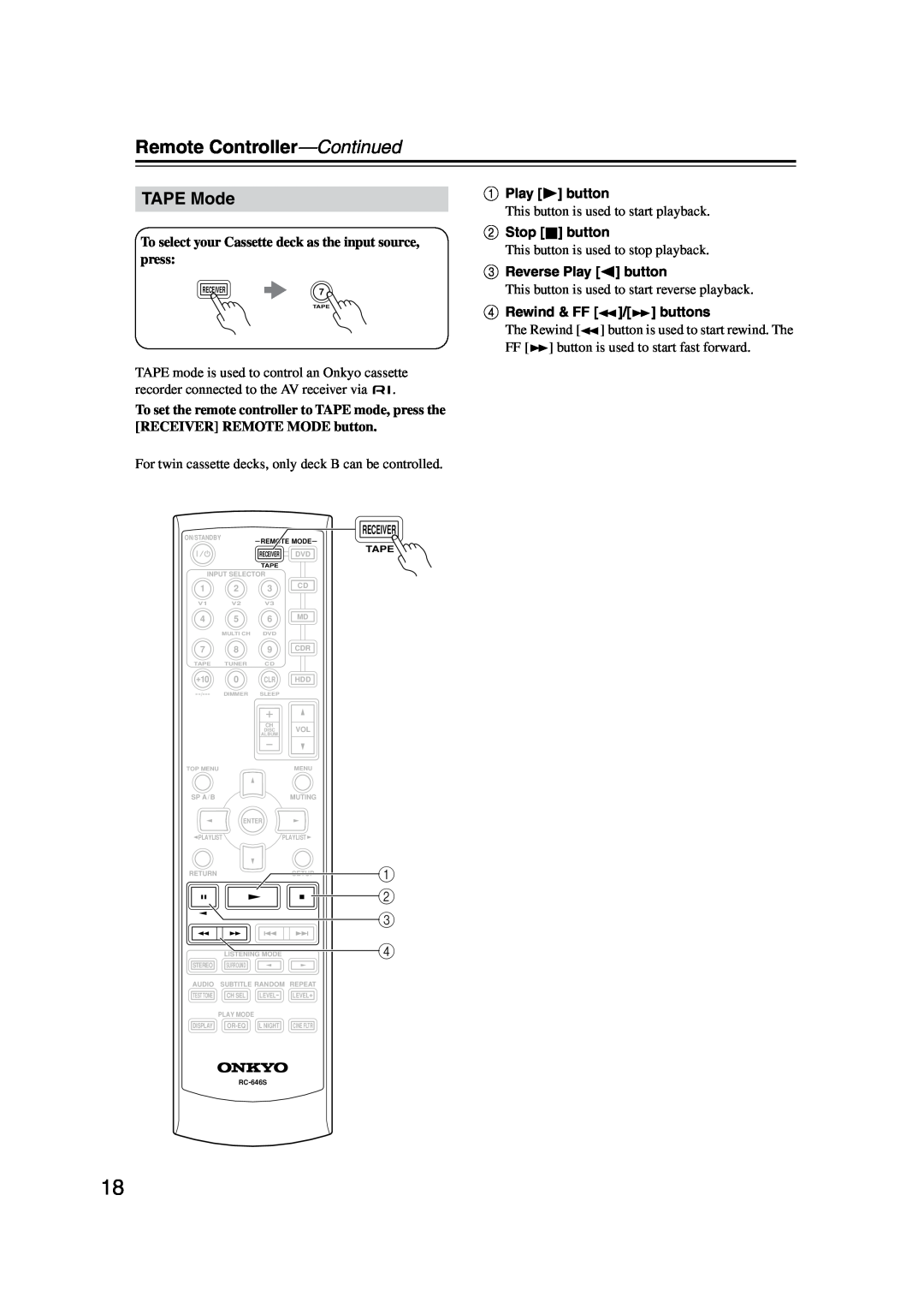 Onkyo HT-S590 instruction manual TAPE Mode, Remote Controller-Continued 