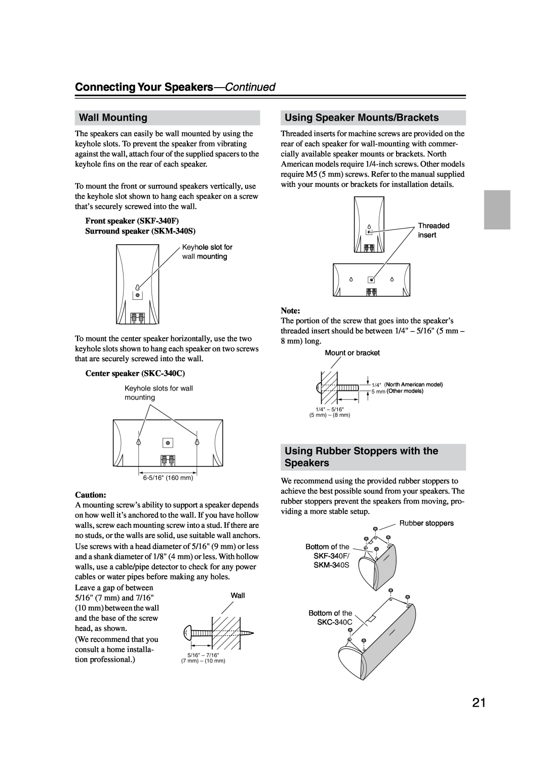 Onkyo HT-S590 instruction manual Connecting Your Speakers-Continued, Wall Mounting, Using Speaker Mounts/Brackets 