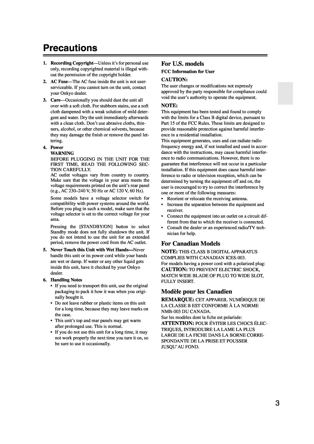 Onkyo HT-S590 instruction manual Precautions, For U.S. models, For Canadian Models, Modèle pour les Canadien 