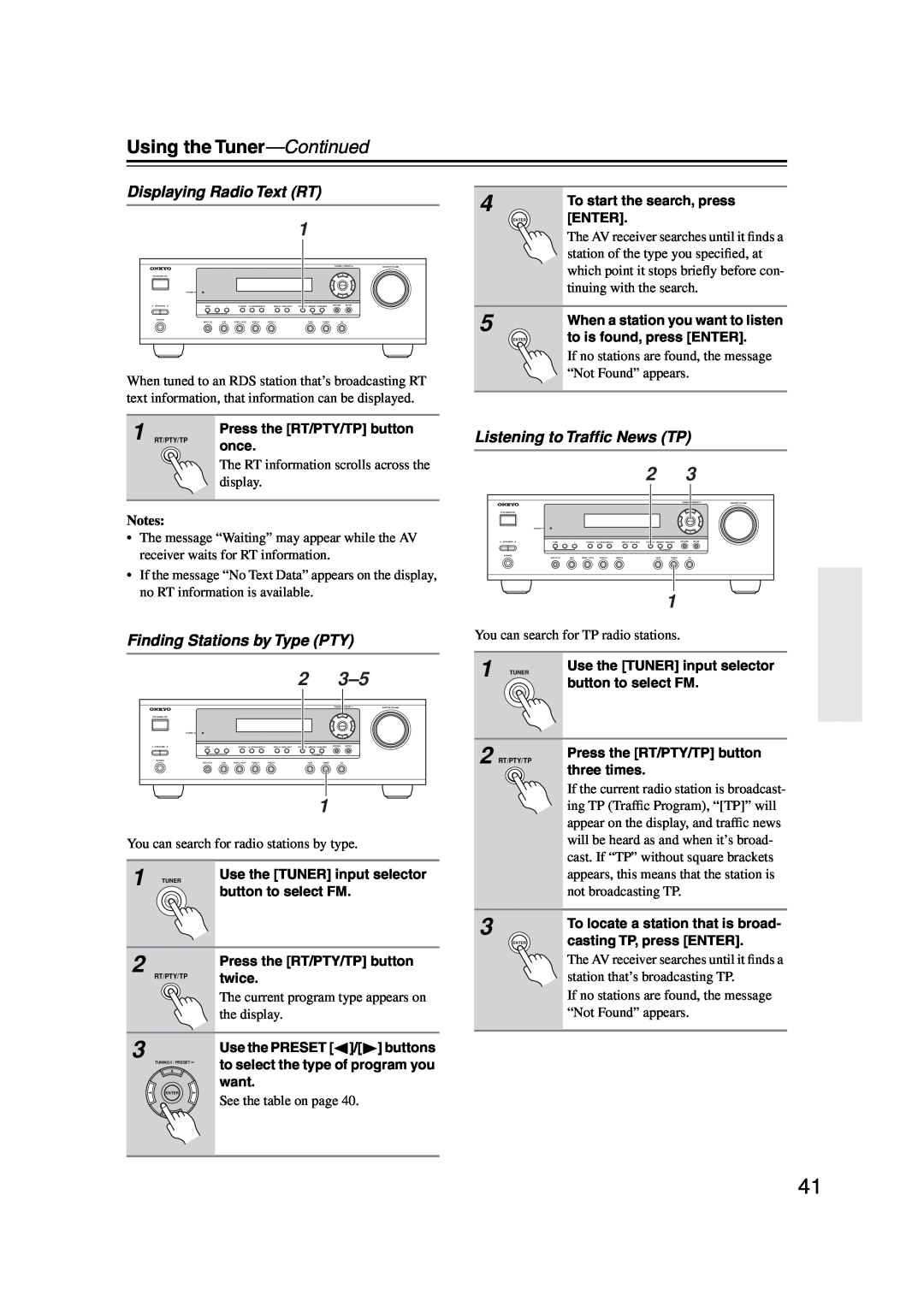 Onkyo HT-S590 instruction manual Displaying Radio Text RT, Finding Stations by Type PTY, Listening to Trafﬁc News TP 