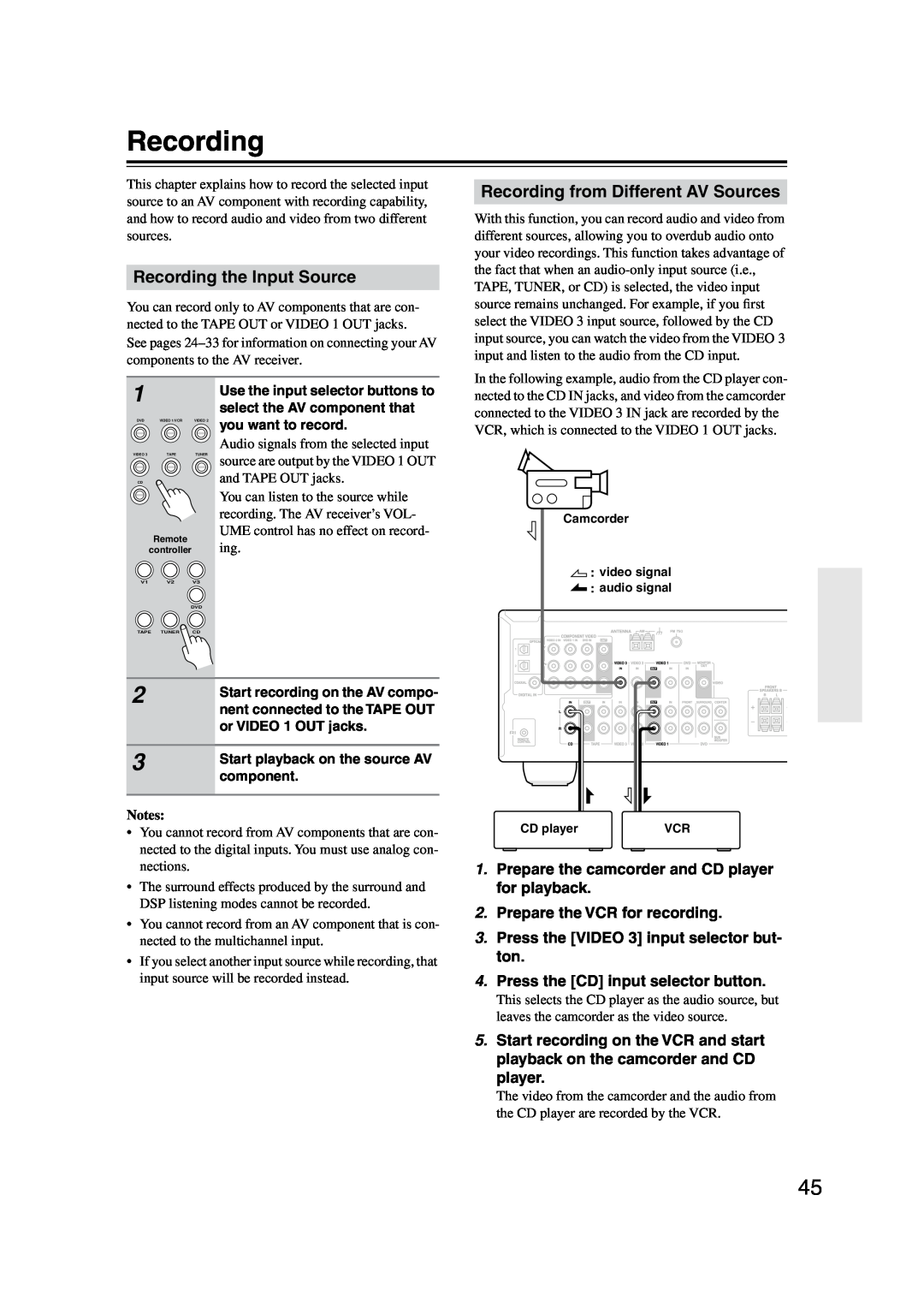 Onkyo HT-S590 instruction manual Recording the Input Source, Recording from Different AV Sources 