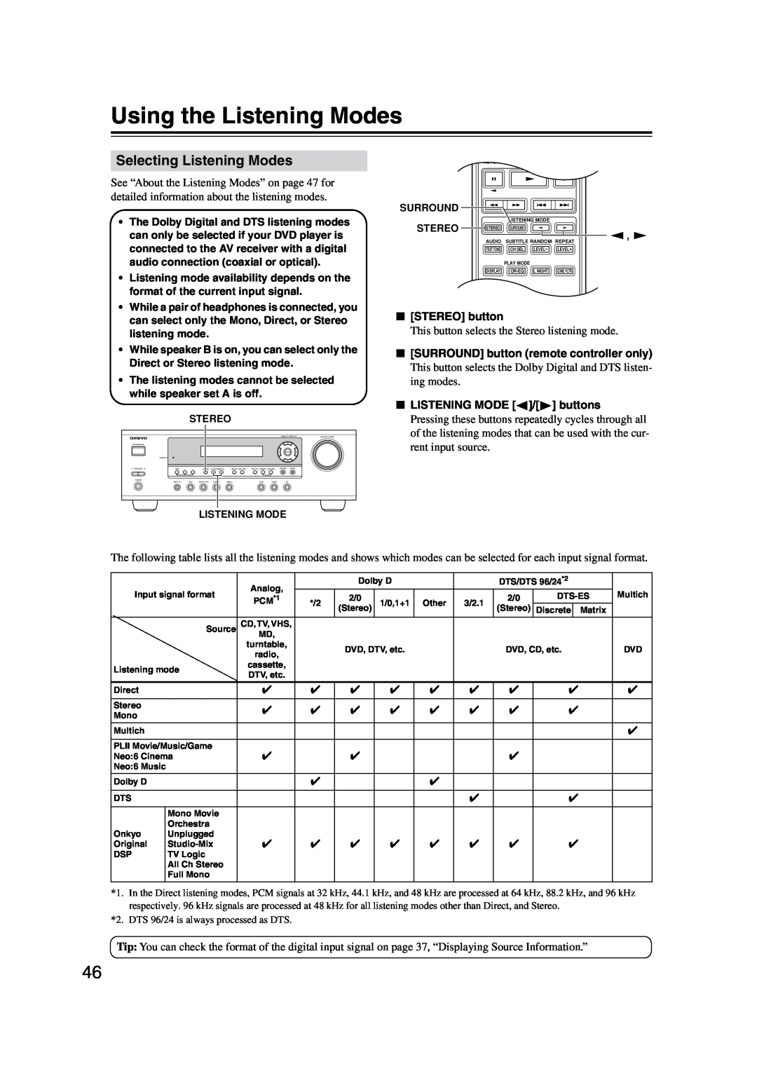 Onkyo HT-S590 instruction manual Using the Listening Modes, Selecting Listening Modes 