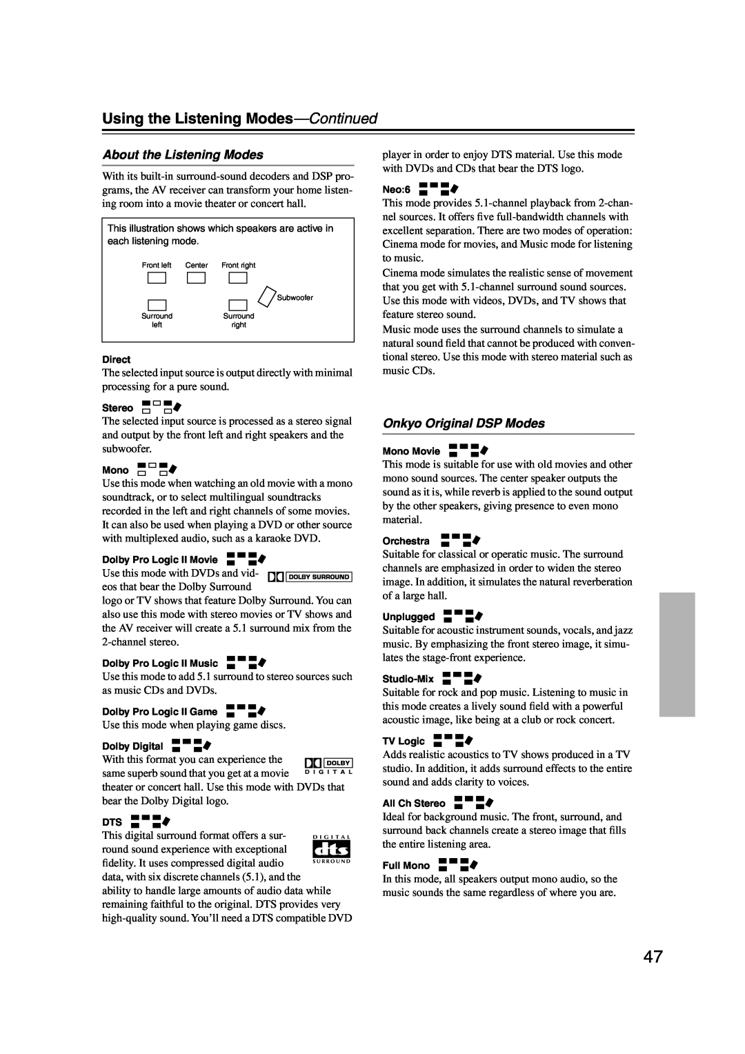 Onkyo HT-S590 instruction manual Using the Listening Modes-Continued, About the Listening Modes, Onkyo Original DSP Modes 