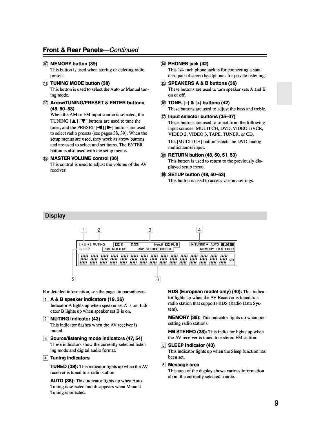 Onkyo HT-S590 instruction manual Front & Rear Panels-Continued, Display 