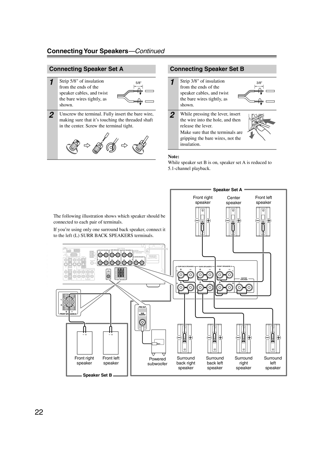 Onkyo HT-S6100 instruction manual Connecting Speaker Set a, Connecting Speaker Set B 