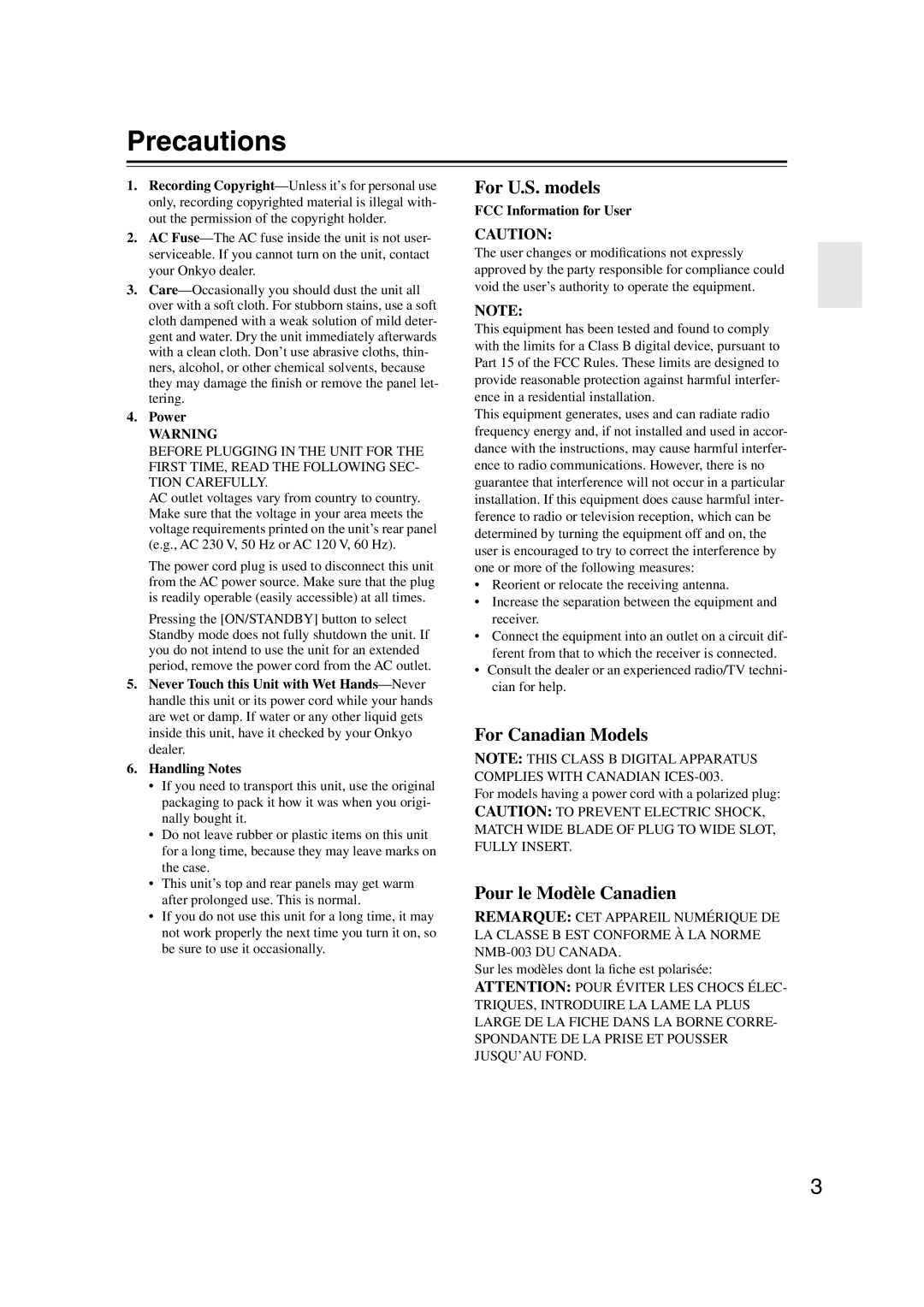 Onkyo HT-S6100 instruction manual Precautions, Power, FCC Information for User 