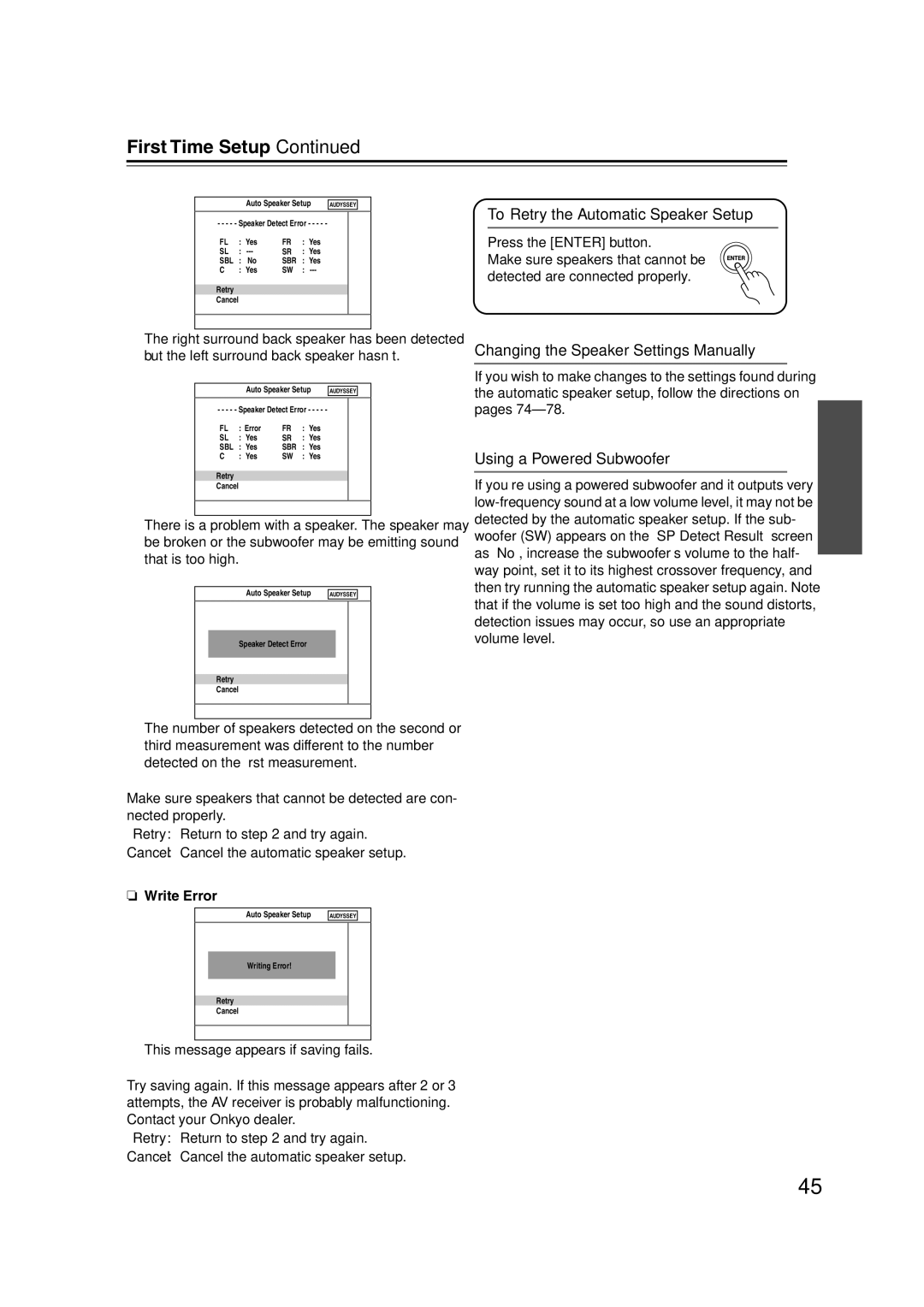 Onkyo HT-S6100 To Retry the Automatic Speaker Setup, Changing the Speaker Settings Manually, Using a Powered Subwoofer 