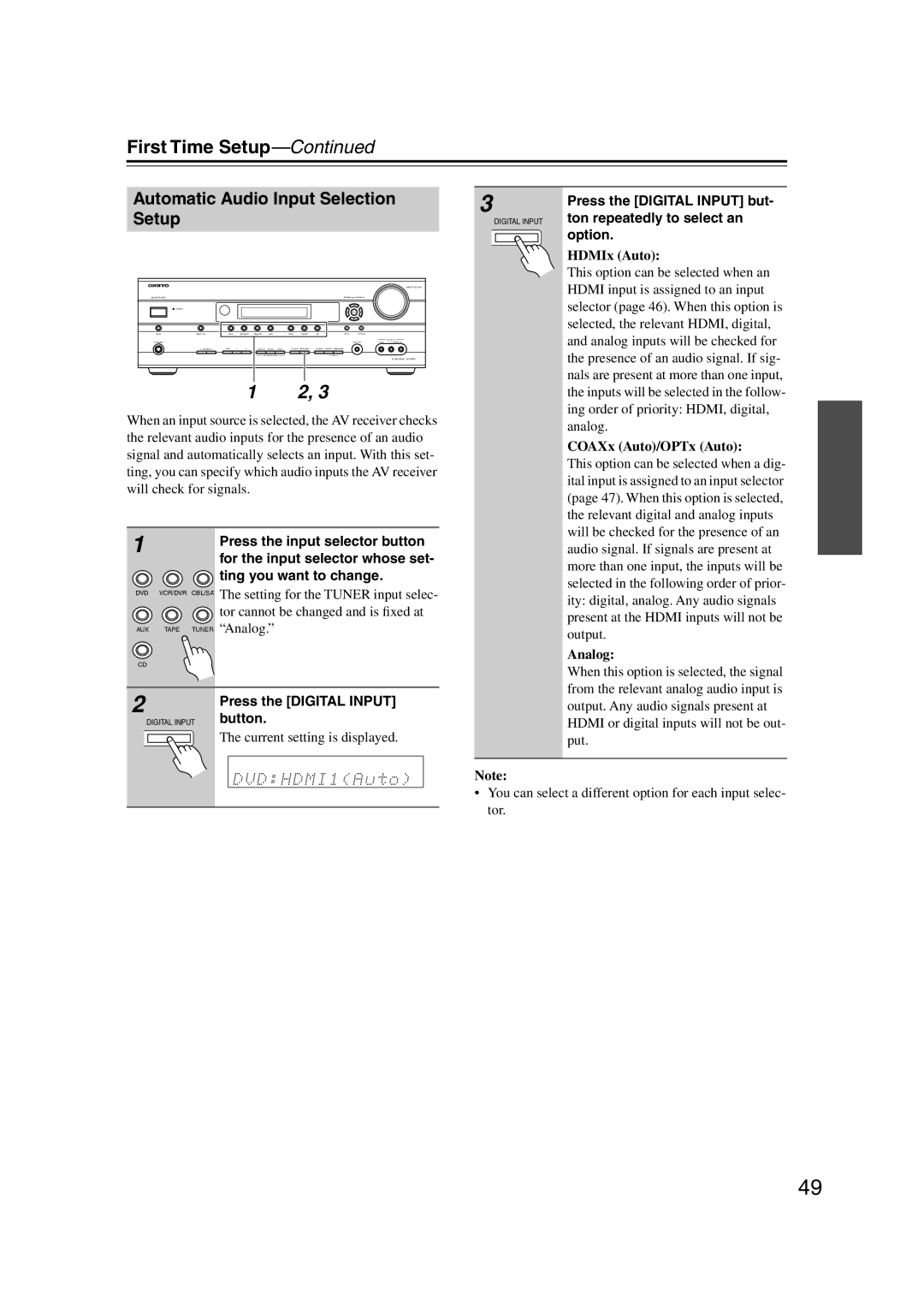 Onkyo HT-S6100 Automatic Audio Input Selection Setup, Press the input selector button, For the input selector whose set 