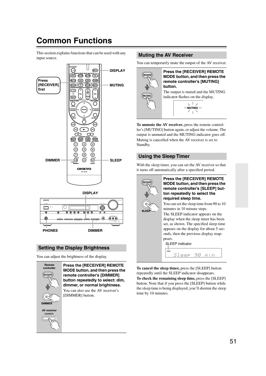 Onkyo HT-S6100 Common Functions, Setting the Display Brightness, Muting the AV Receiver, Using the Sleep Timer 