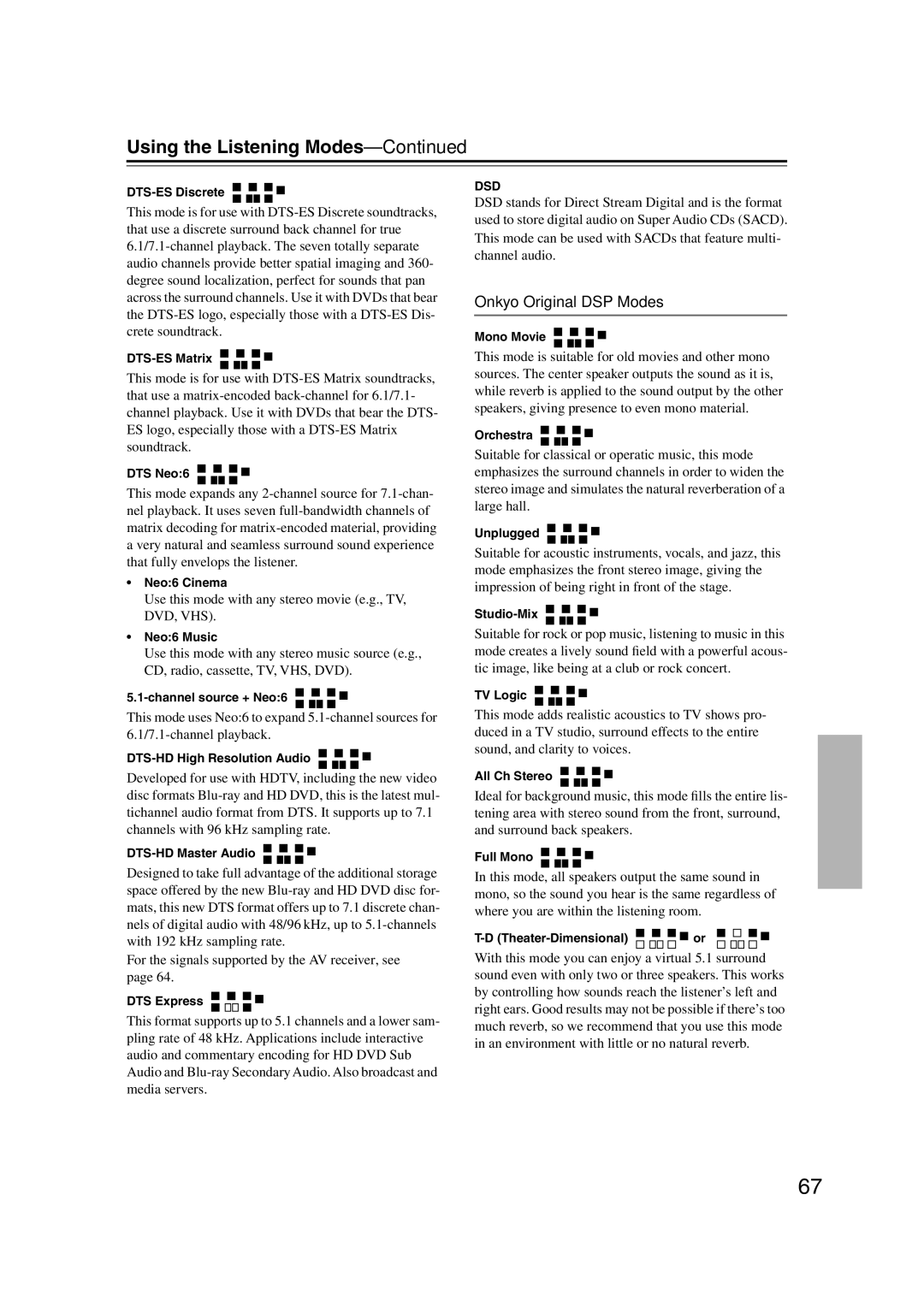 Onkyo HT-S6100 instruction manual Onkyo Original DSP Modes 