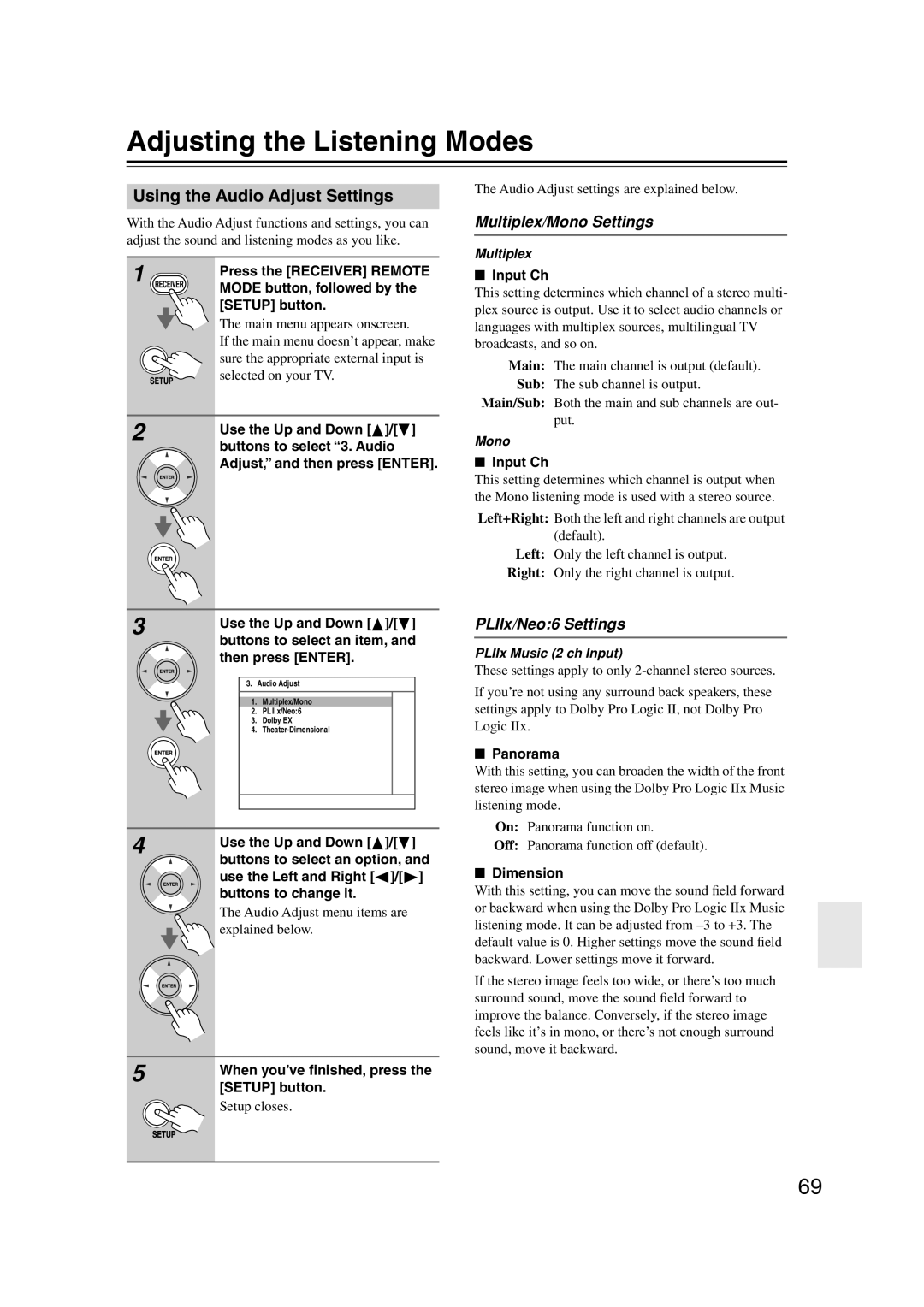 Onkyo HT-S6100 instruction manual Adjusting the Listening Modes, Using the Audio Adjust Settings, Multiplex/Mono Settings 