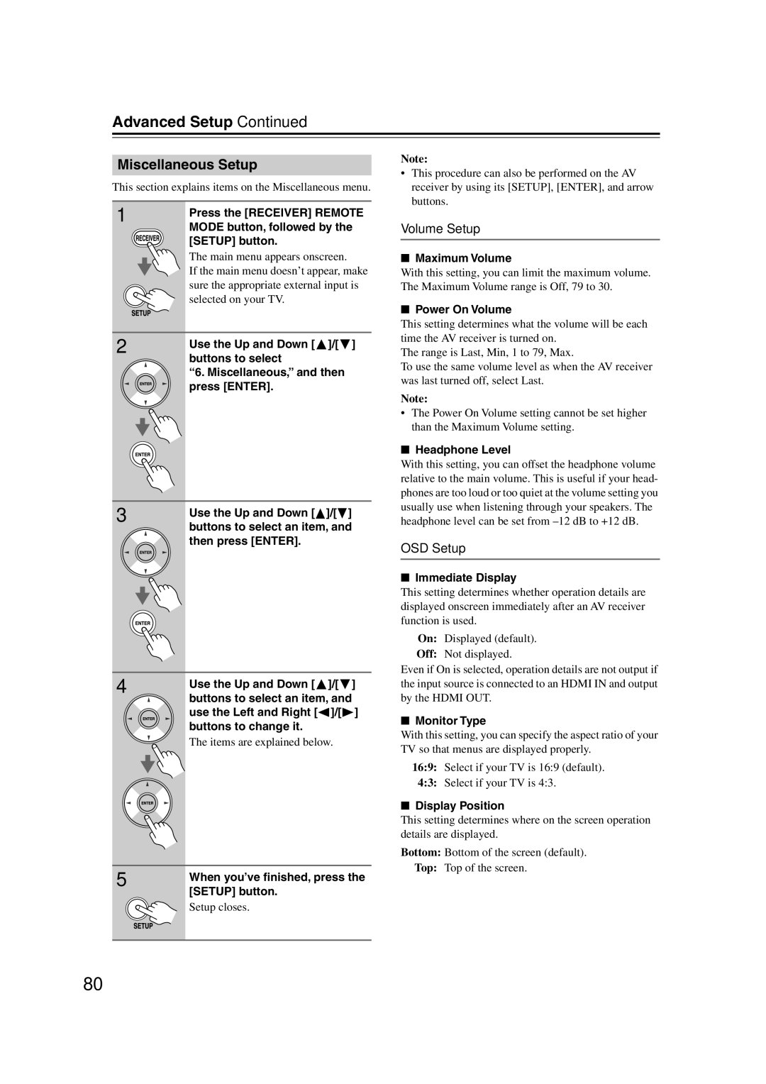 Onkyo HT-S6100 instruction manual Miscellaneous Setup, Volume Setup, OSD Setup 