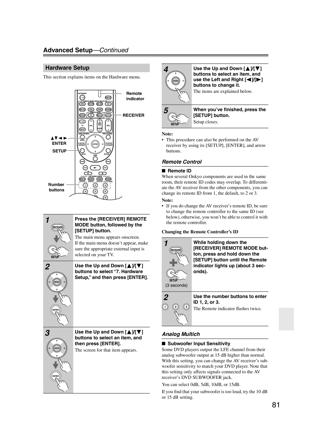 Onkyo HT-S6100 instruction manual Hardware Setup, Remote Control, Analog Multich 