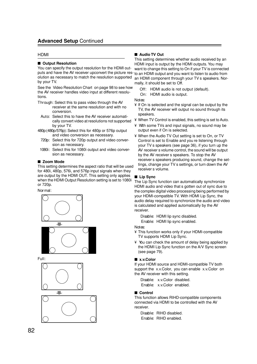 Onkyo HT-S6100 instruction manual Output Resolution, Zoom Mode, Audio TV Out, Lip Sync, Color, Control 