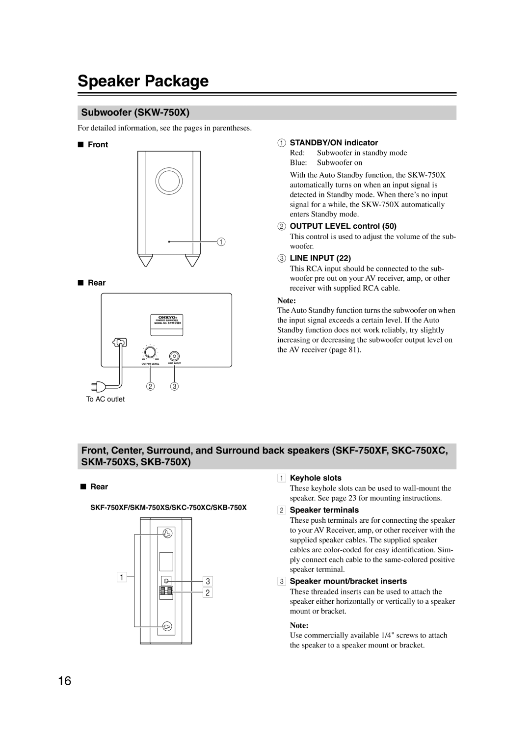 Onkyo HT-S6100 instruction manual Speaker Package, Subwoofer SKW-750X 