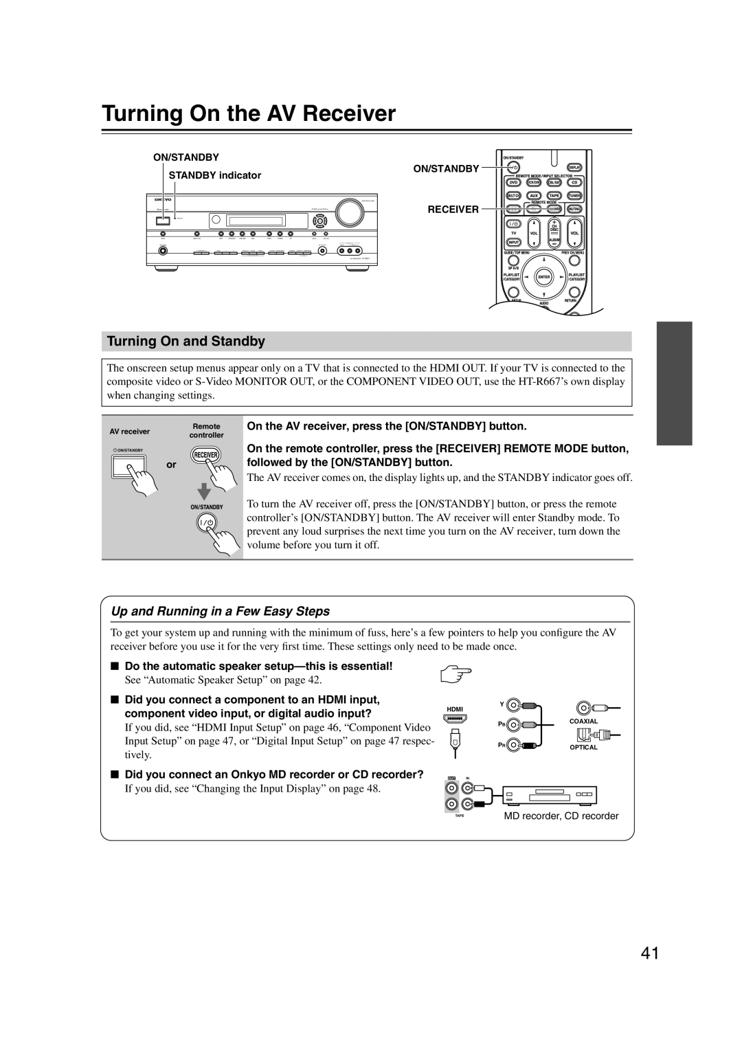 Onkyo HT-S6100 instruction manual Turning On the AV Receiver, Turning On and Standby, Up and Running in a Few Easy Steps 