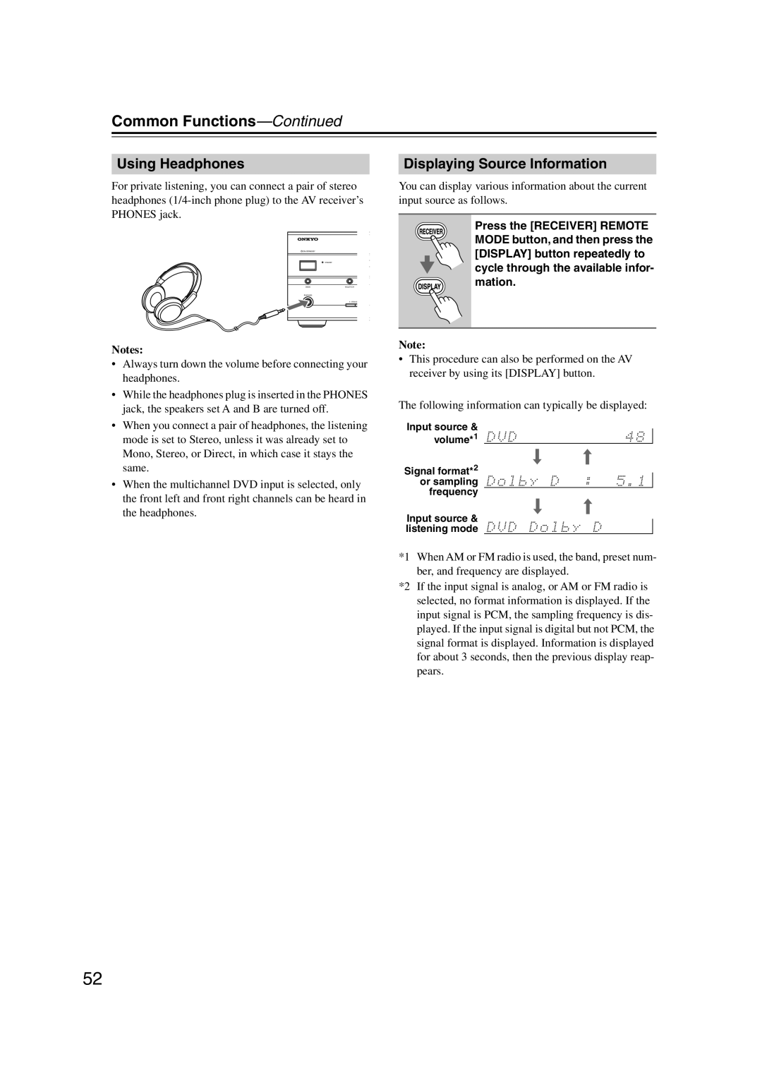 Onkyo HT-S6100 instruction manual Common Functions-Continued, 7Using Headphones, Displaying Source Information 