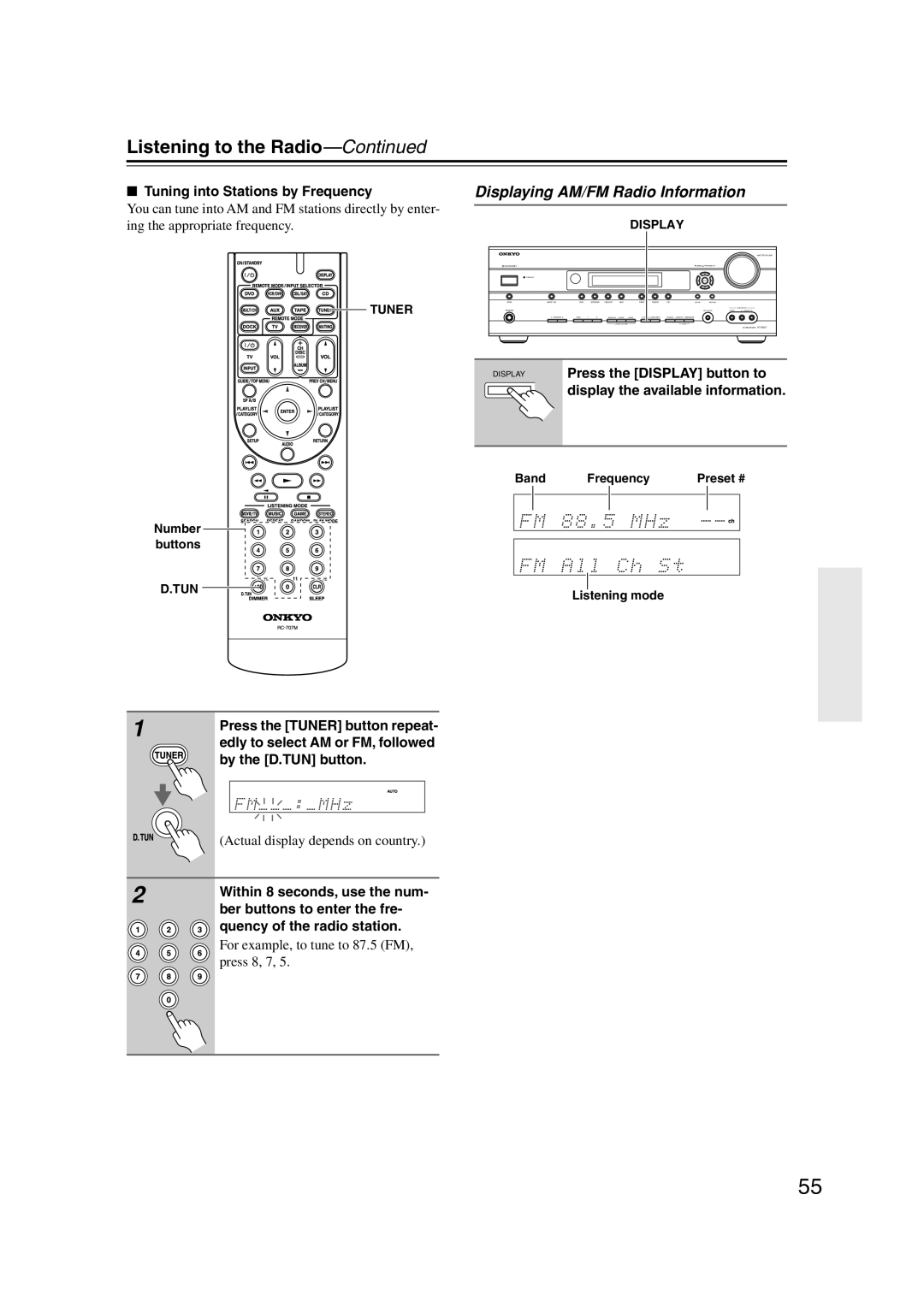 Onkyo HT-S6100 instruction manual Listening to the Radio-Continued, Displaying AM/FM Radio Information 