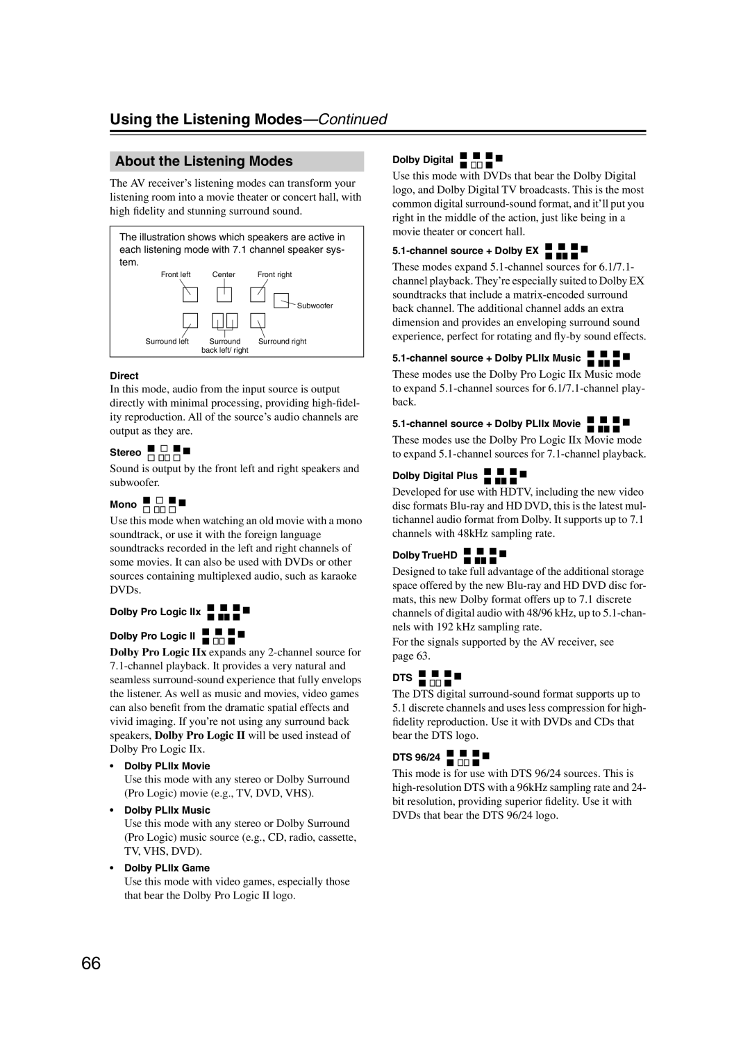 Onkyo HT-S6100 instruction manual About the Listening Modes, Using the Listening Modes-Continued 