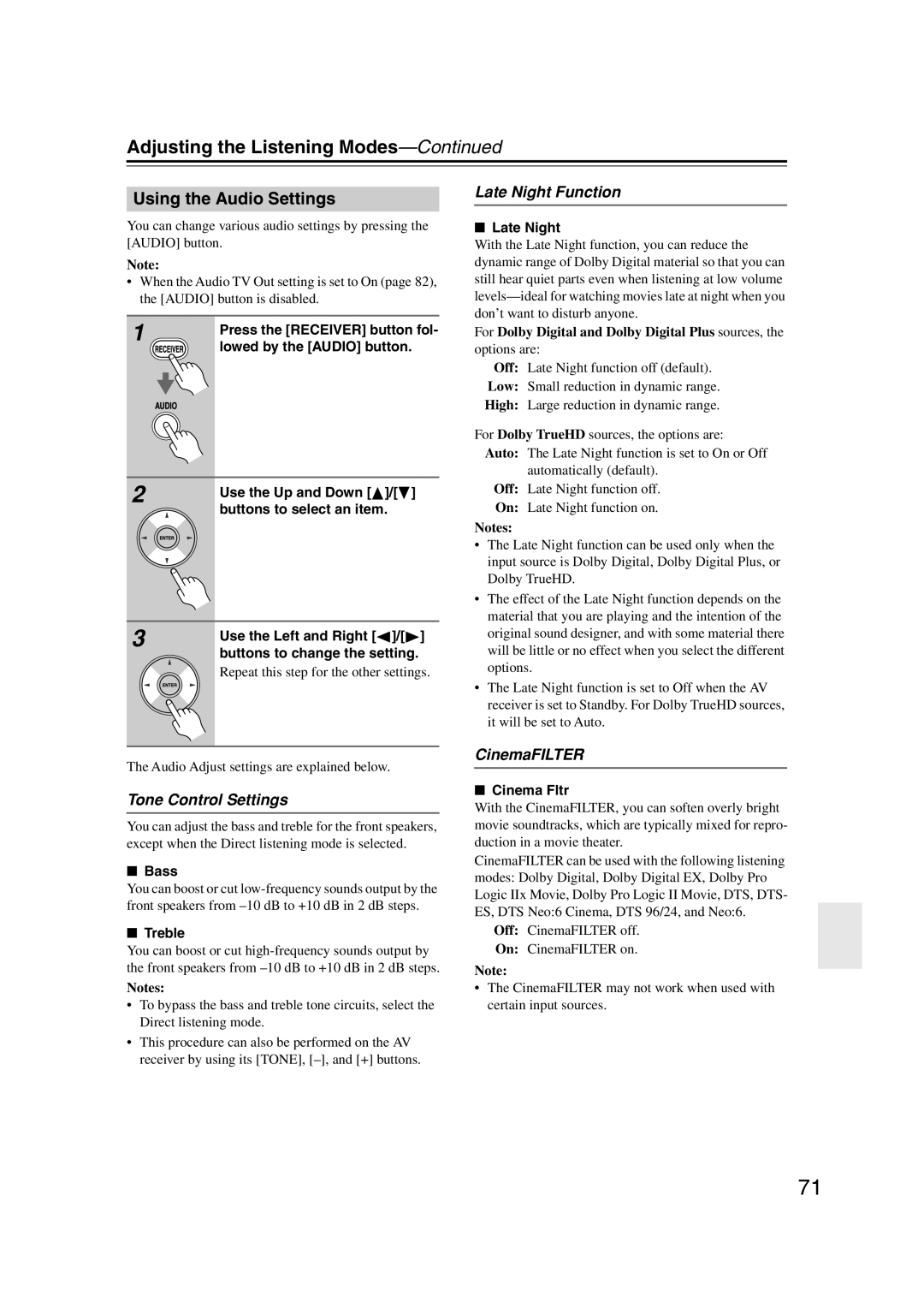 Onkyo HT-S6100 instruction manual Using the Audio Settings, Tone Control Settings, Late Night Function, CinemaFILTER 