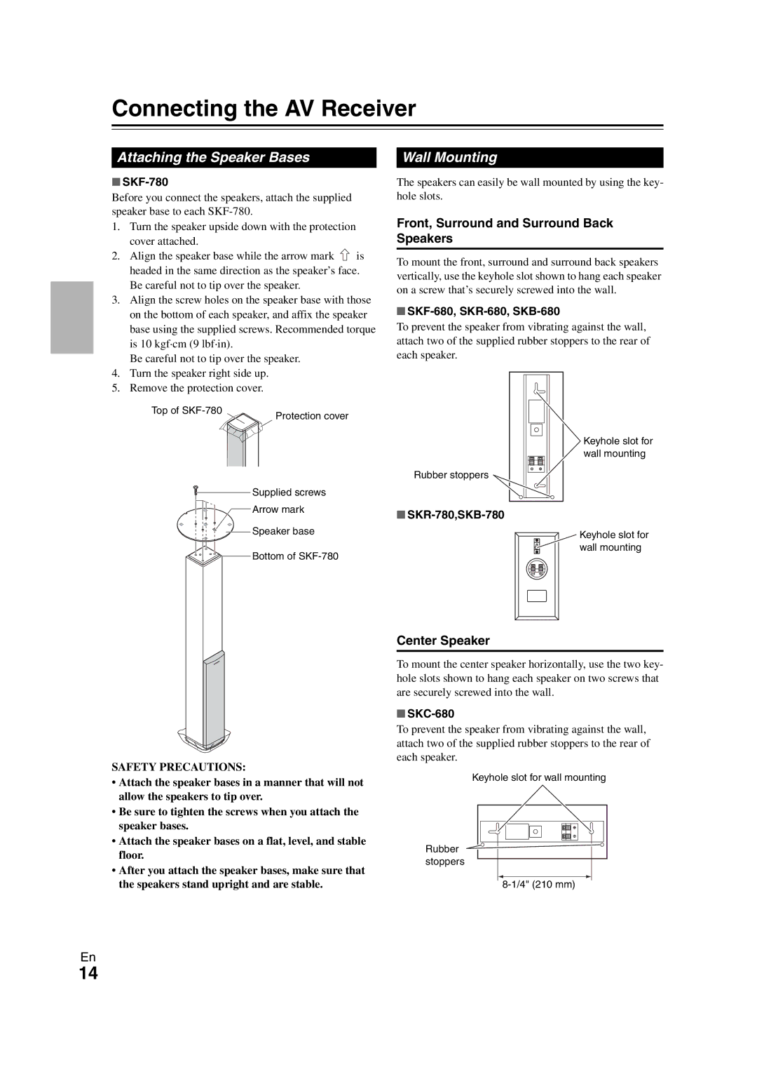 Onkyo HT-S7300 instruction manual Connecting the AV Receiver, Attaching the Speaker Bases, Wall Mounting, Center Speaker 