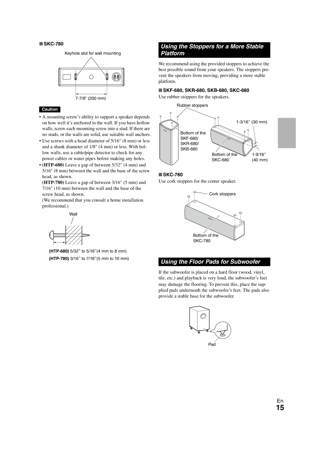 Onkyo HT-S7300 Using the Stoppers for a More Stable Platform, Using the Floor Pads for Subwoofer, SKC-780 