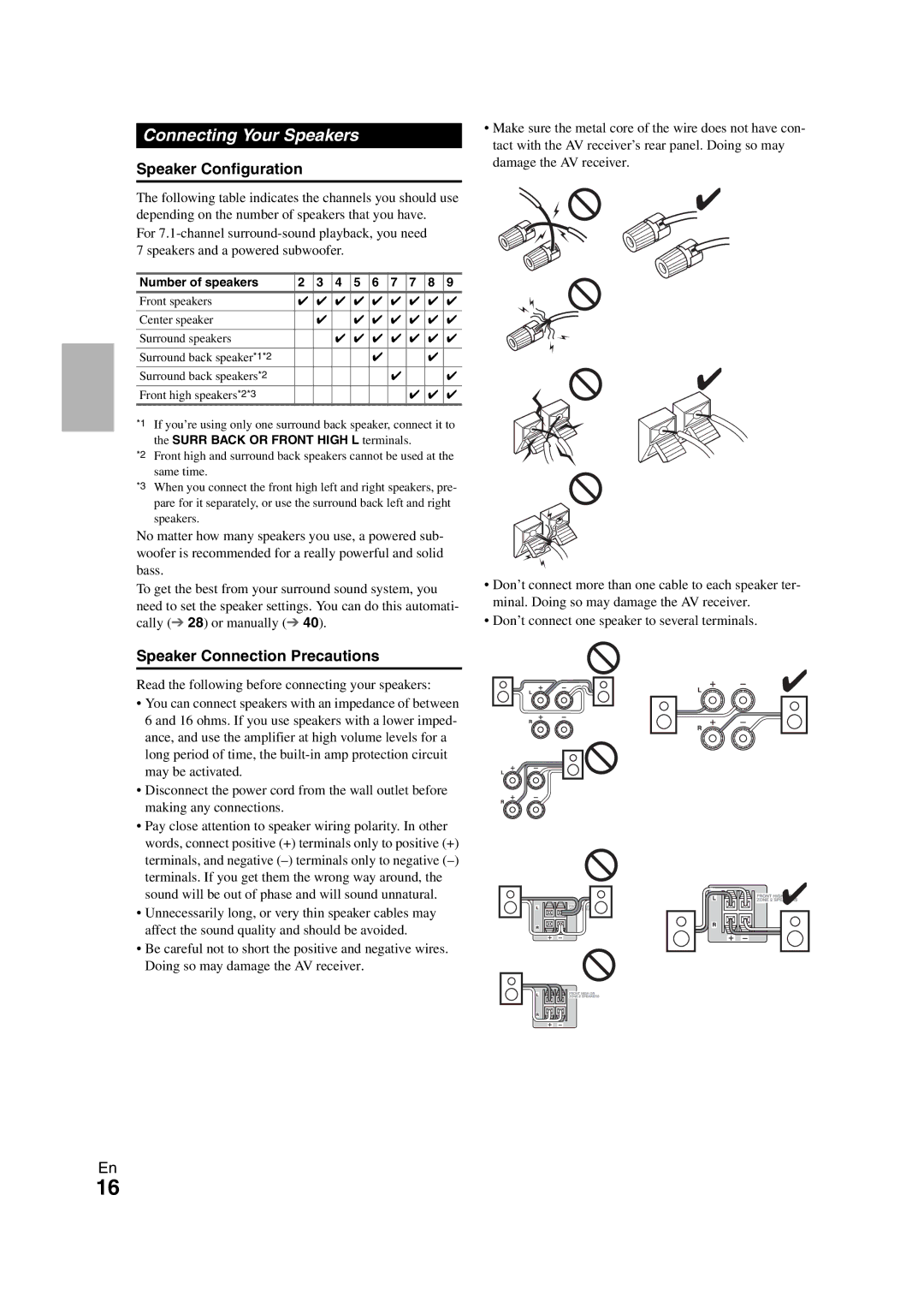 Onkyo HT-S7300 Connecting Your Speakers, Speaker Configuration, Speaker Connection Precautions, Number of speakers 