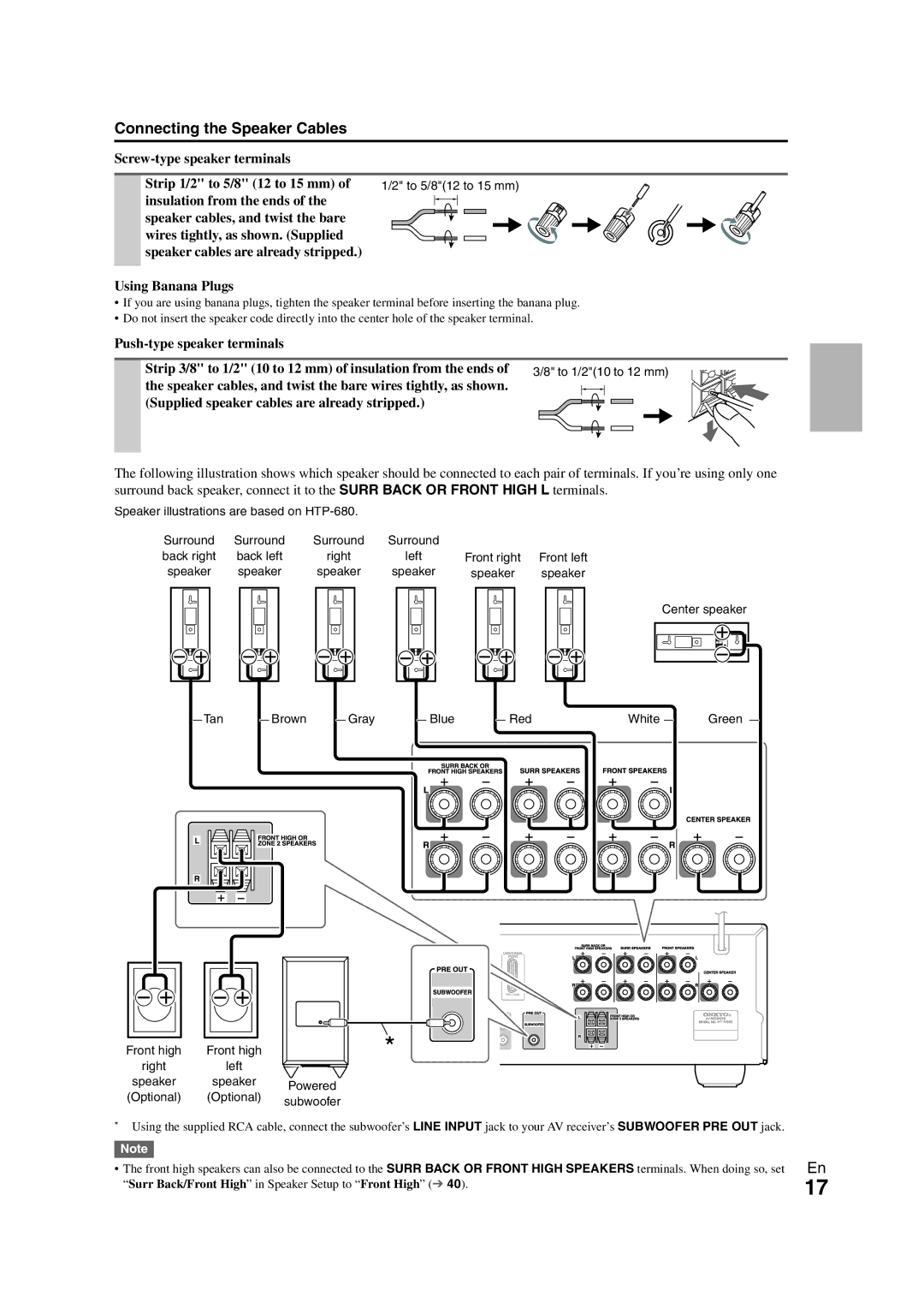 Onkyo HT-S7300 Connecting the Speaker Cables, Screw-type speaker terminals Strip 1/2 to 5/8 12 to 15 mm, To 5/812 to 15 mm 