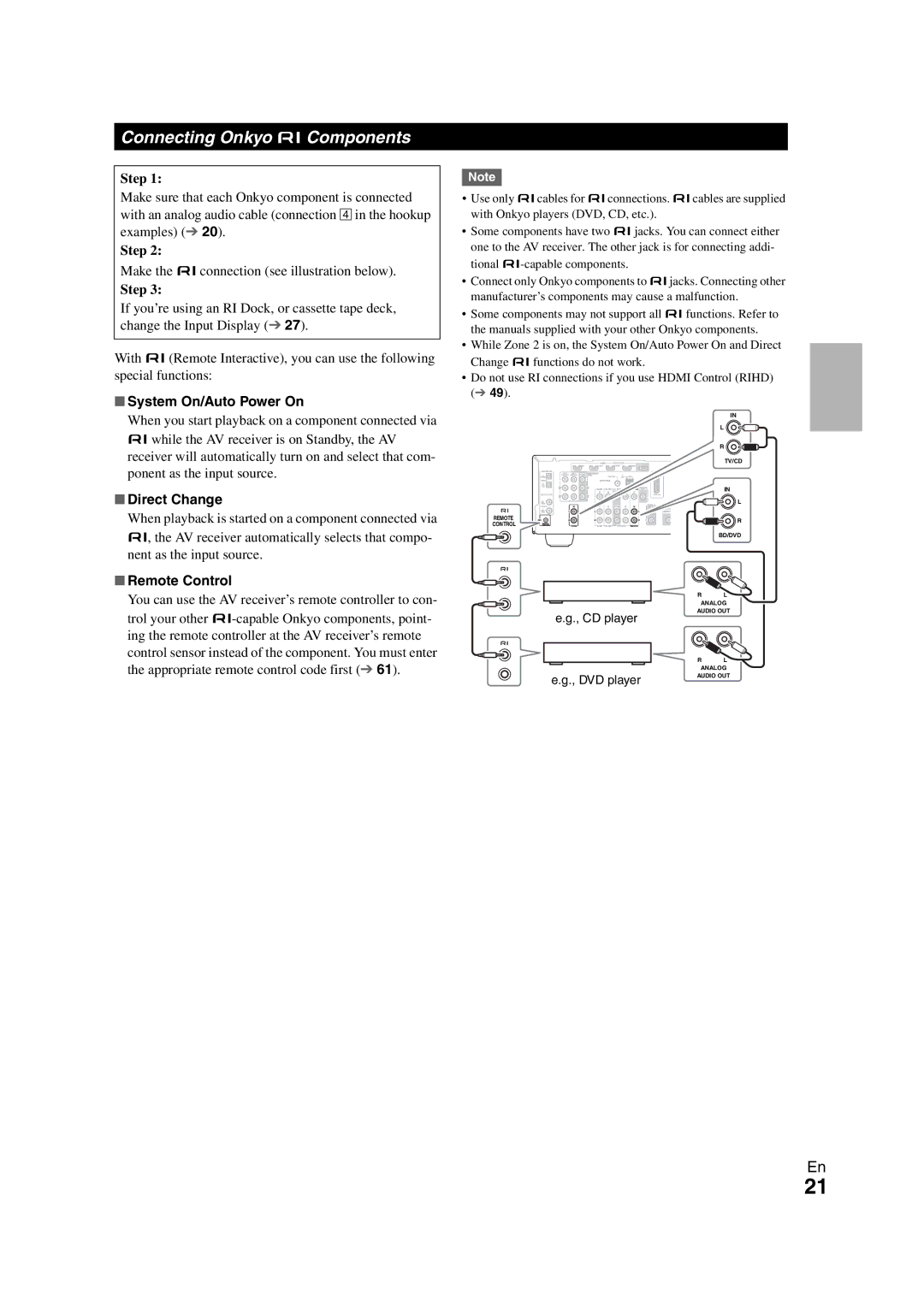 Onkyo HT-S7300 Connecting Onkyo uComponents, Step, System On/Auto Power On, Direct Change, Remote Control 