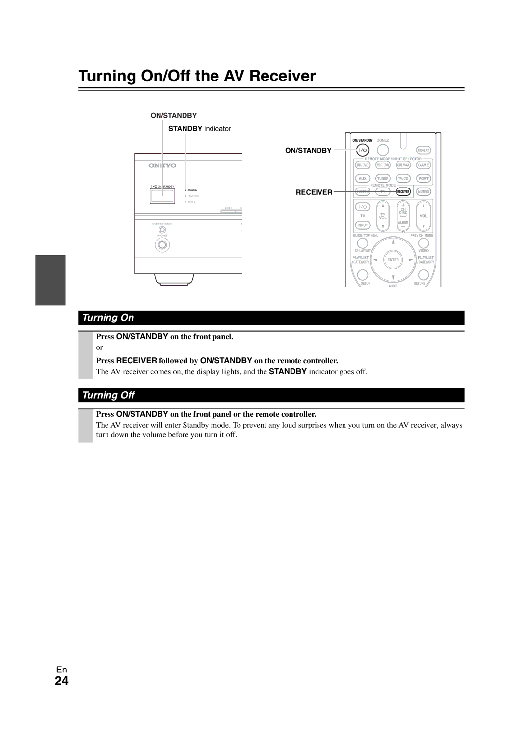 Onkyo HT-S7300 instruction manual Turning On/Off the AV Receiver, Turning Off 