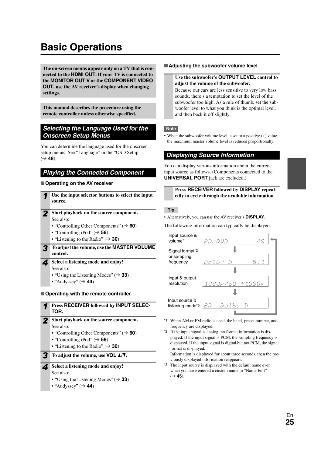 Onkyo HT-S7300 Basic Operations, Selecting the Language Used for the Onscreen Setup Menus, Playing the Connected Component 